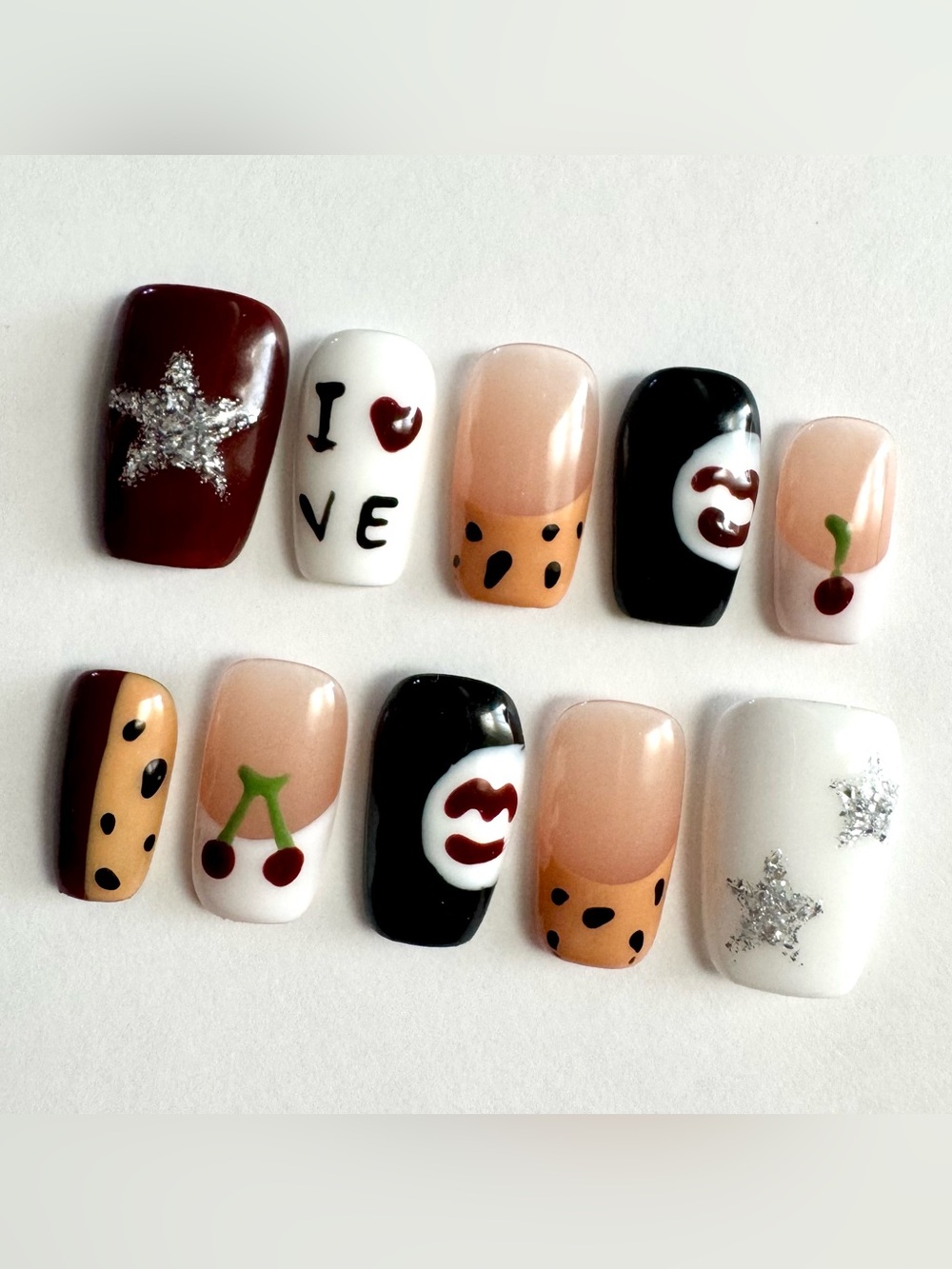 Cute Mixed Design Press-On Nails — Cherry, Black, Nude, White
